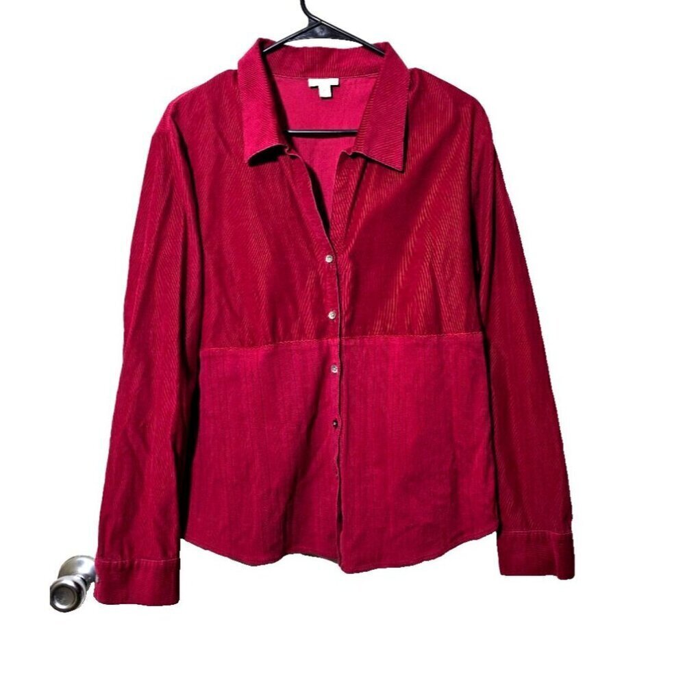 J Jill Corduroy Button Up Shirt Large Ribbed Cotton Breathable Casual Red Casual